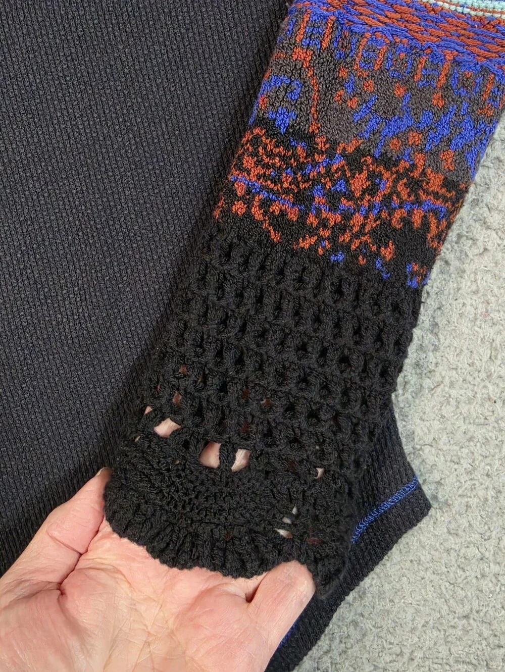 Free People In The Mix Cuff Crochet Thermal Waffle Knit Top Small Navy Blue Boho